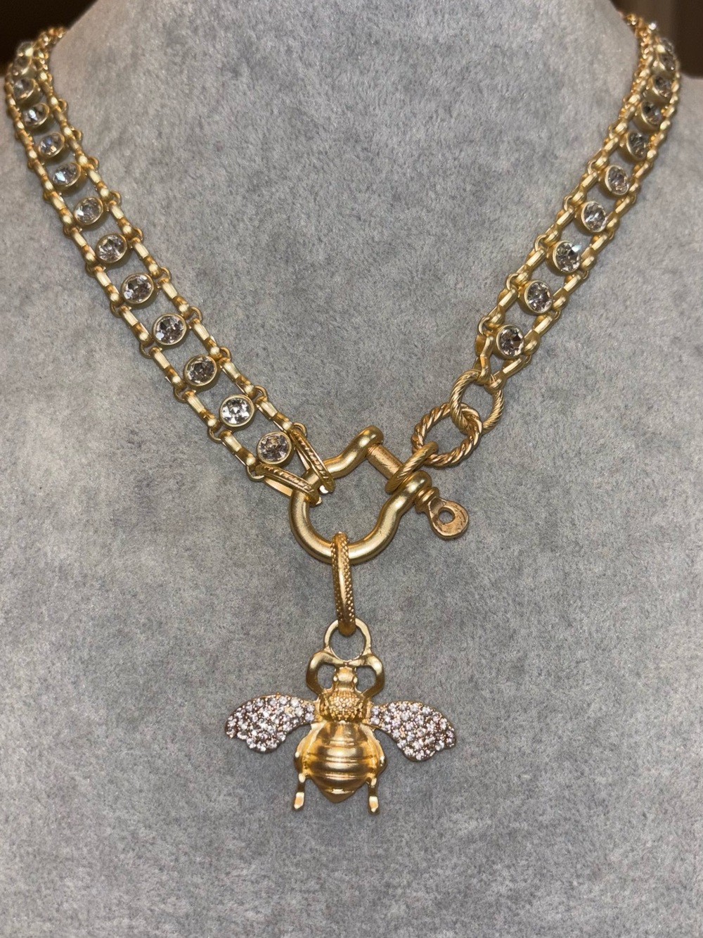 Gold-Tone Bee Pendant Necklace with crystal wings on crystal chain!